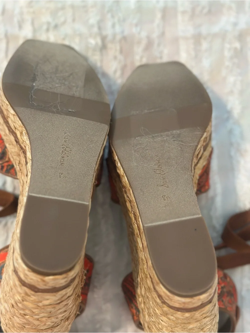 Sam Edelman Brown Ankle-Tie Wedge Sandals with Red Patterned Straps